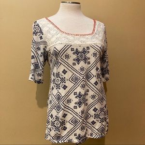 LUCKY BRAND navy, white, + orange top